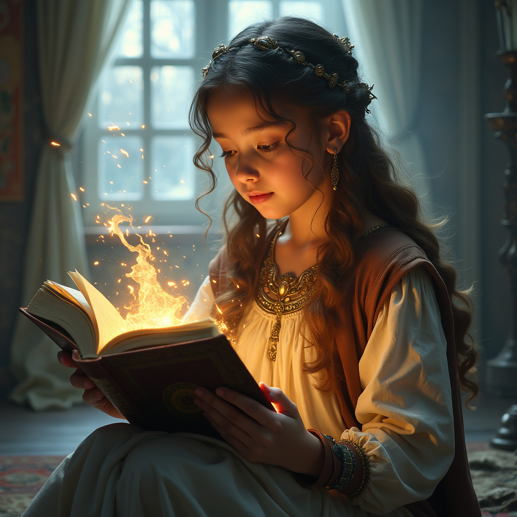 魔法の本を読む少女