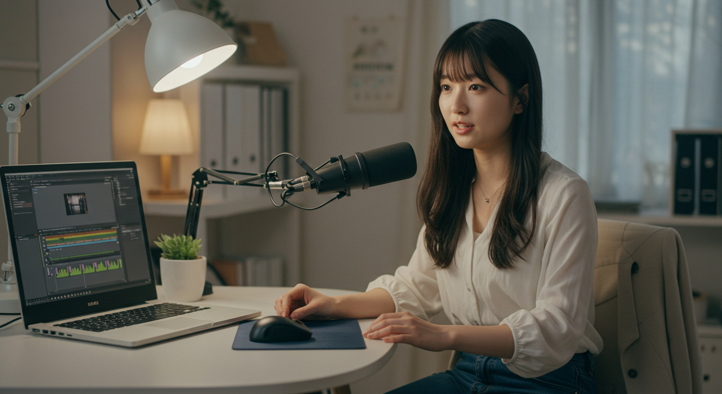 ナレーションを吹き込む女性